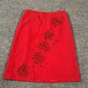Ann Taylor Loft Skirt Womens 4 Red Wool Blend Zip Floral Embroidered Church Work